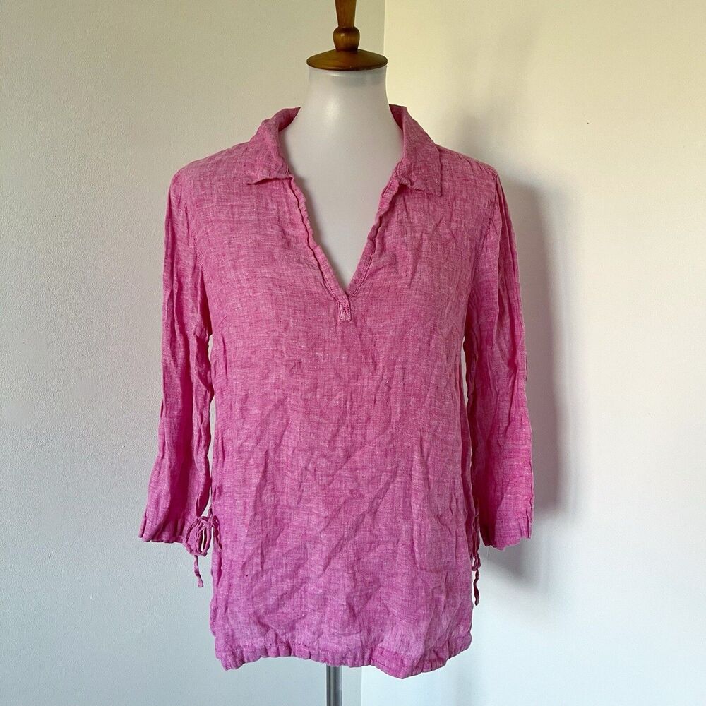 Isaac Mizrahi Linen Top Shirt Blouse 3/4 Sleeve Tie Side Tunic Pink M Medium - Picture 2 of 16